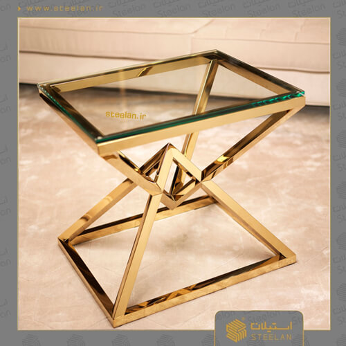 میز عسلی استیل طلایی شیشه ای مدل sm6010
